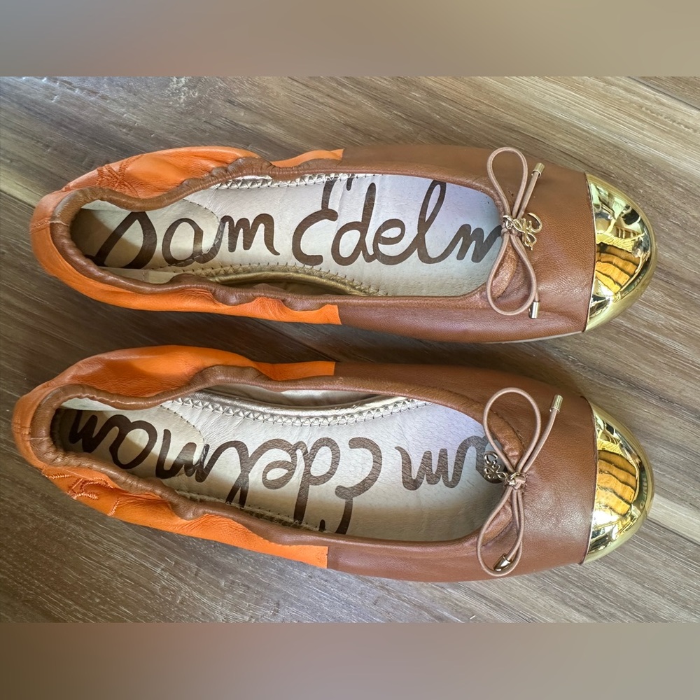 Sam Edelman Fairleigh Orange Tan Gold Cap Toe Flats Size 7.5 - Picture 5 of 7